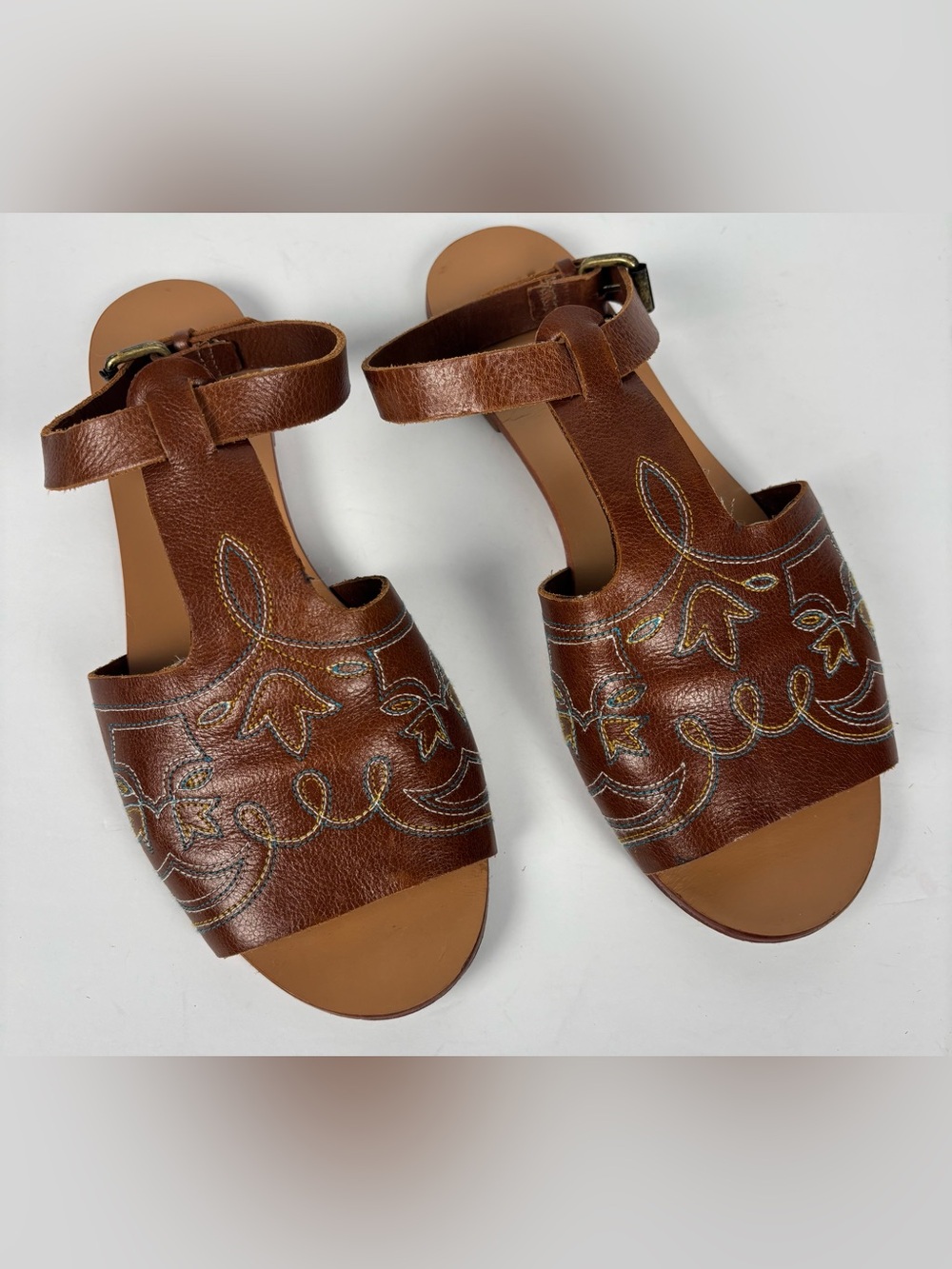 The Great. The Western Leather Brown Slingback Embroidered Sandals
